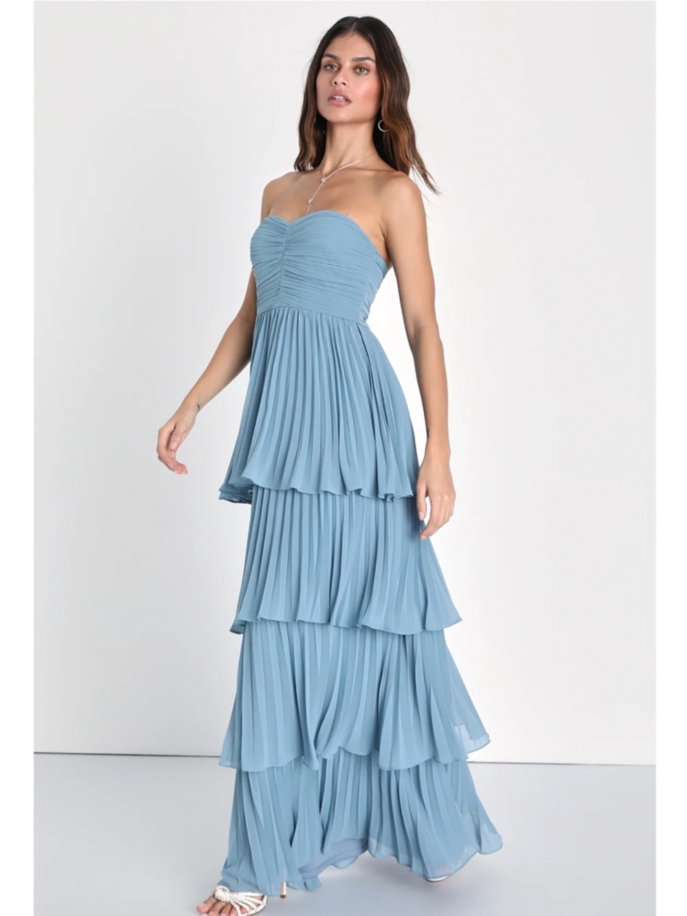 Lulus Seriously Sensational Blue Strapless Tiered Pleated Maxi Dress NWT Medium